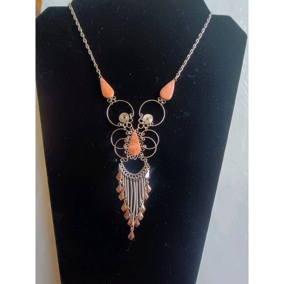 Vintage Hand-Made Peruvian Wire-Work Necklace, Orange Jasper - Picture 7 of 8